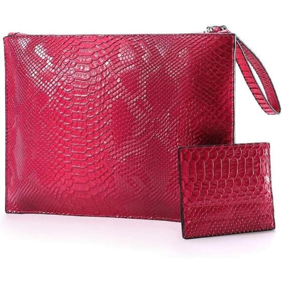 Snake Skin PU Leather Large Clutch Bag In Pink